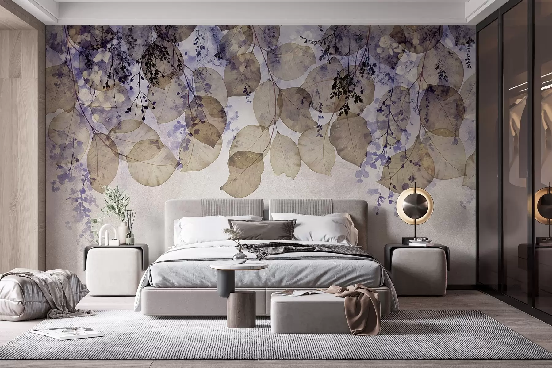 Fototapet Delikata torkade blad och blommor i nyanser av lila, beige och vitt mot en ljus texturerad bakgrund w08447