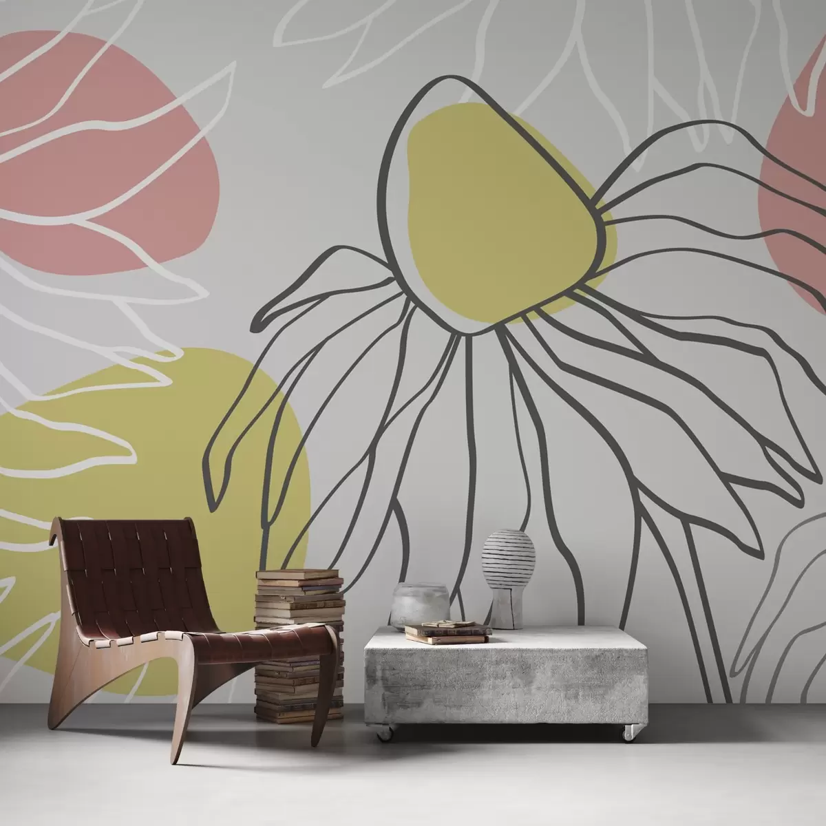 Fototapet Abstrakta blommor linjeteckning, blå, rosa, gul färg w02427