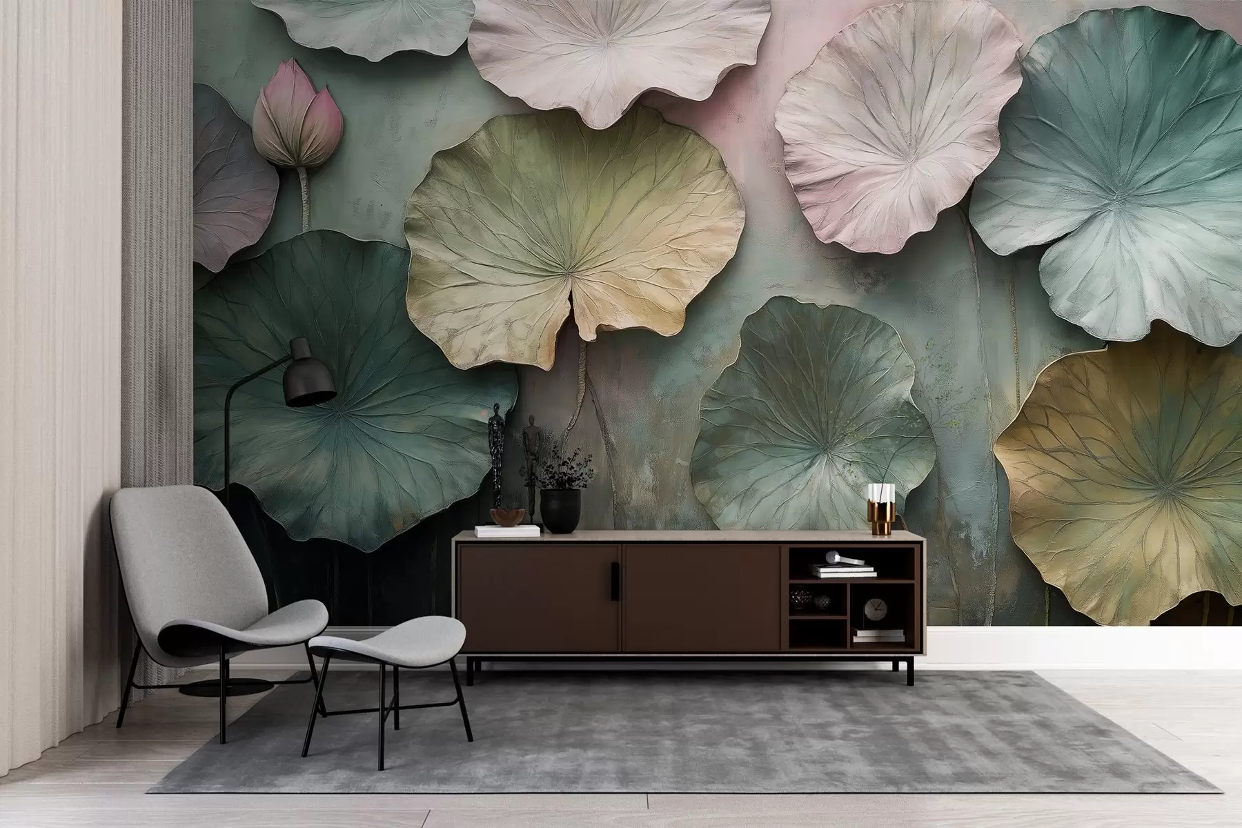 Fototapet lotusblad i pastellstil med volymeffekt w02441