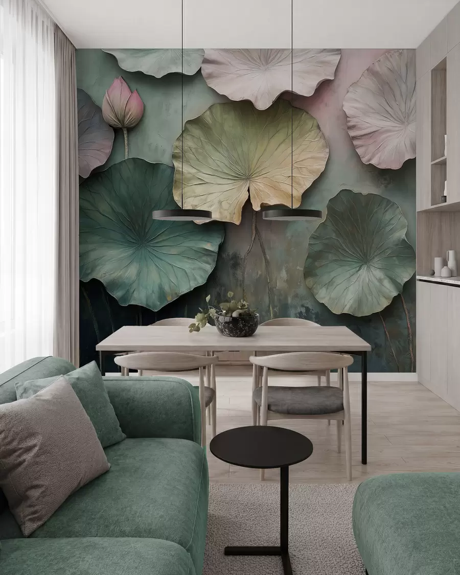 Fototapet lotusblad i pastellstil med volymeffekt w02441