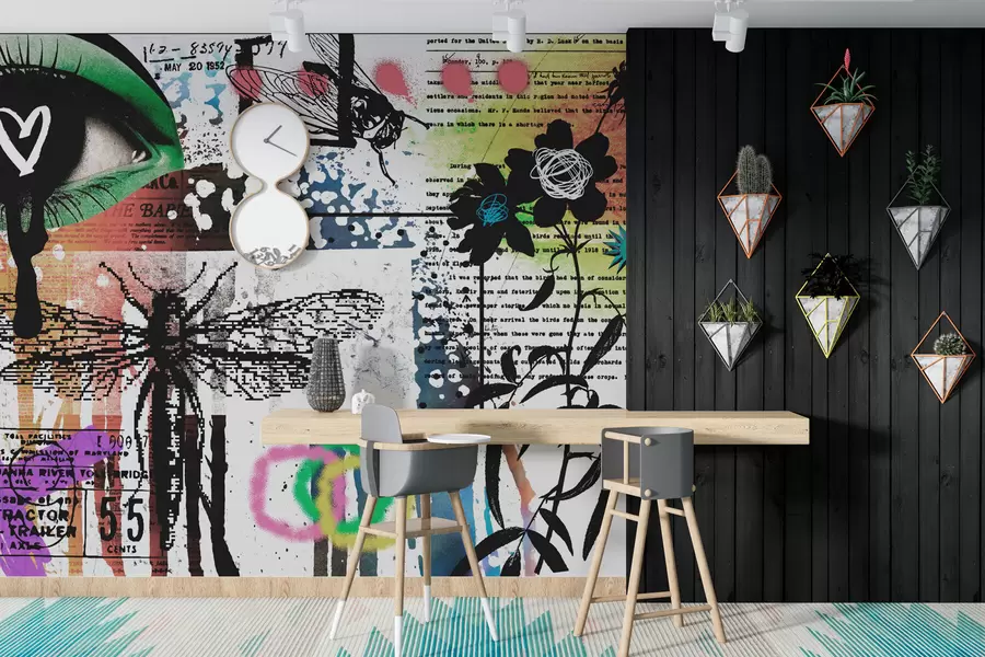 Fototapet Inskriptioner i graffitistil, blommor, figurer w02255