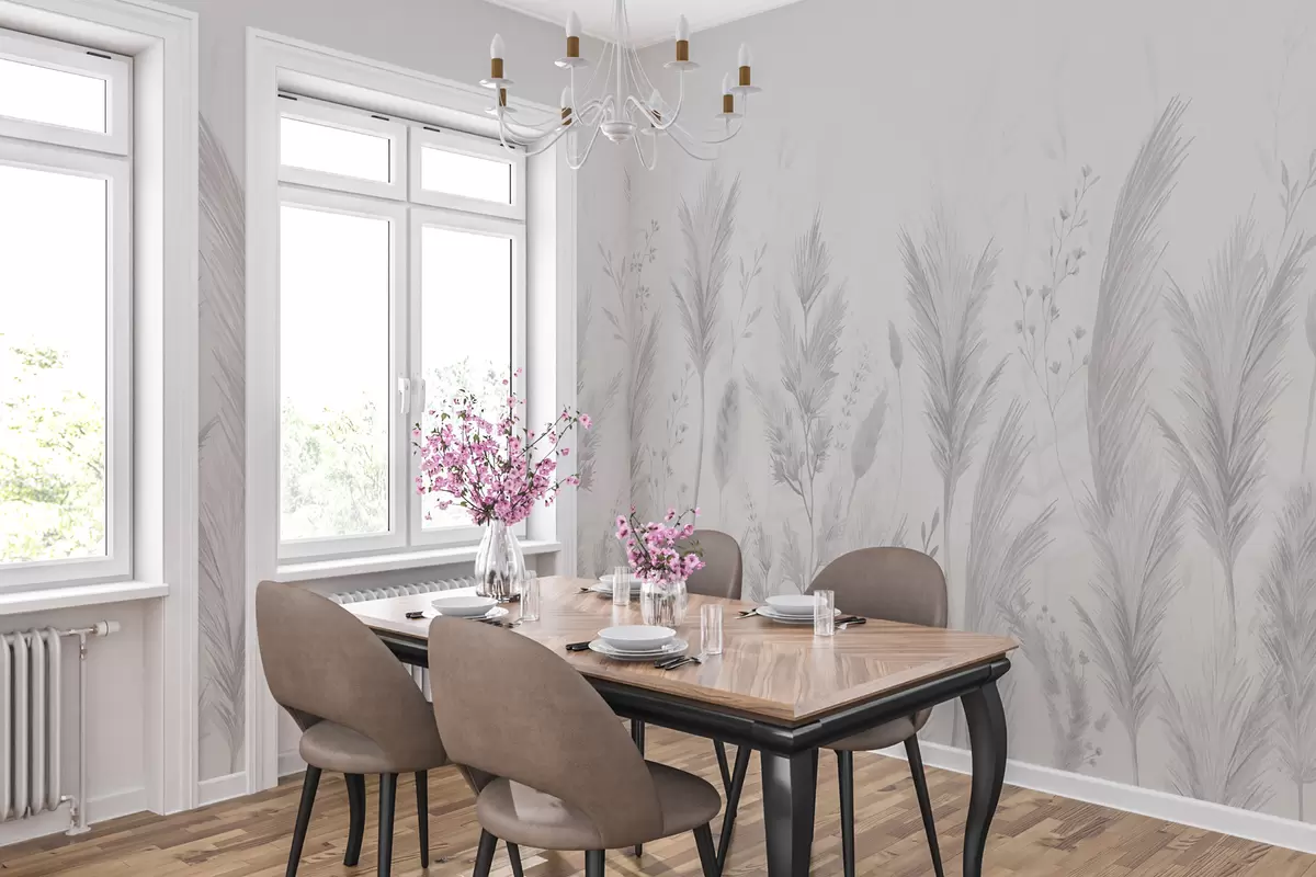 Fototapet Delikata vildblommor och spikeletter i pastellgrå toner w02446v1