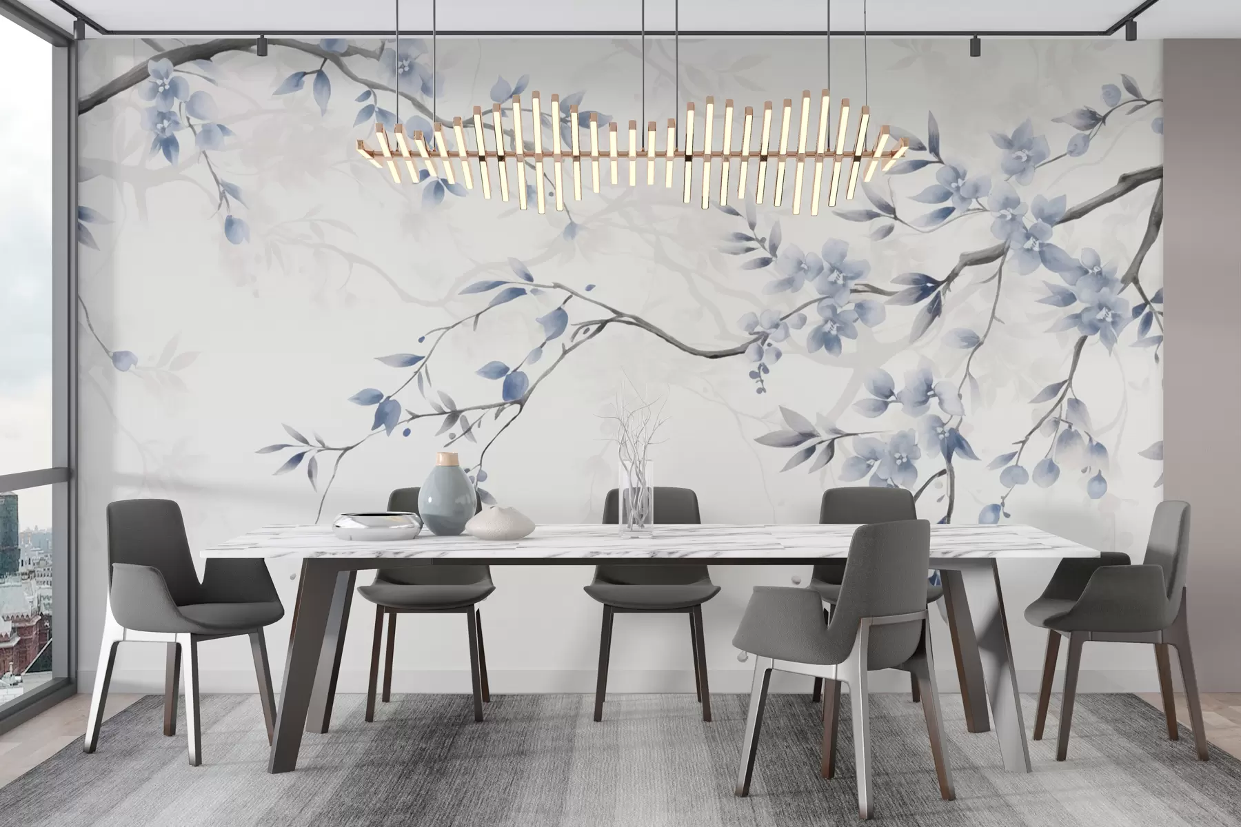 Fototapet Trendiga grenar med blommor och blad w02449