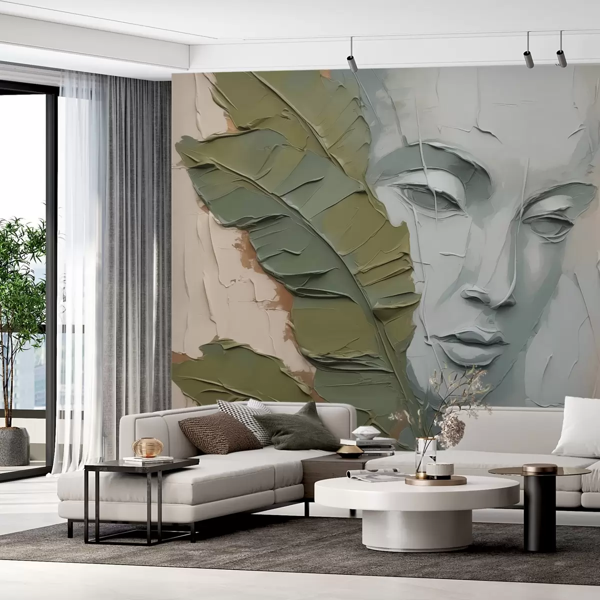 Fototapet Ansikte nära tropiska blad imitation av färgstreck och textur w02436