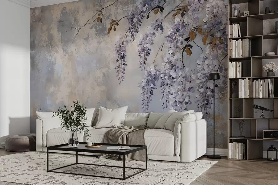 Fototapet strukturerad tapet i mjuka, dämpade färger med skira blåregnblommor och grenar w02451