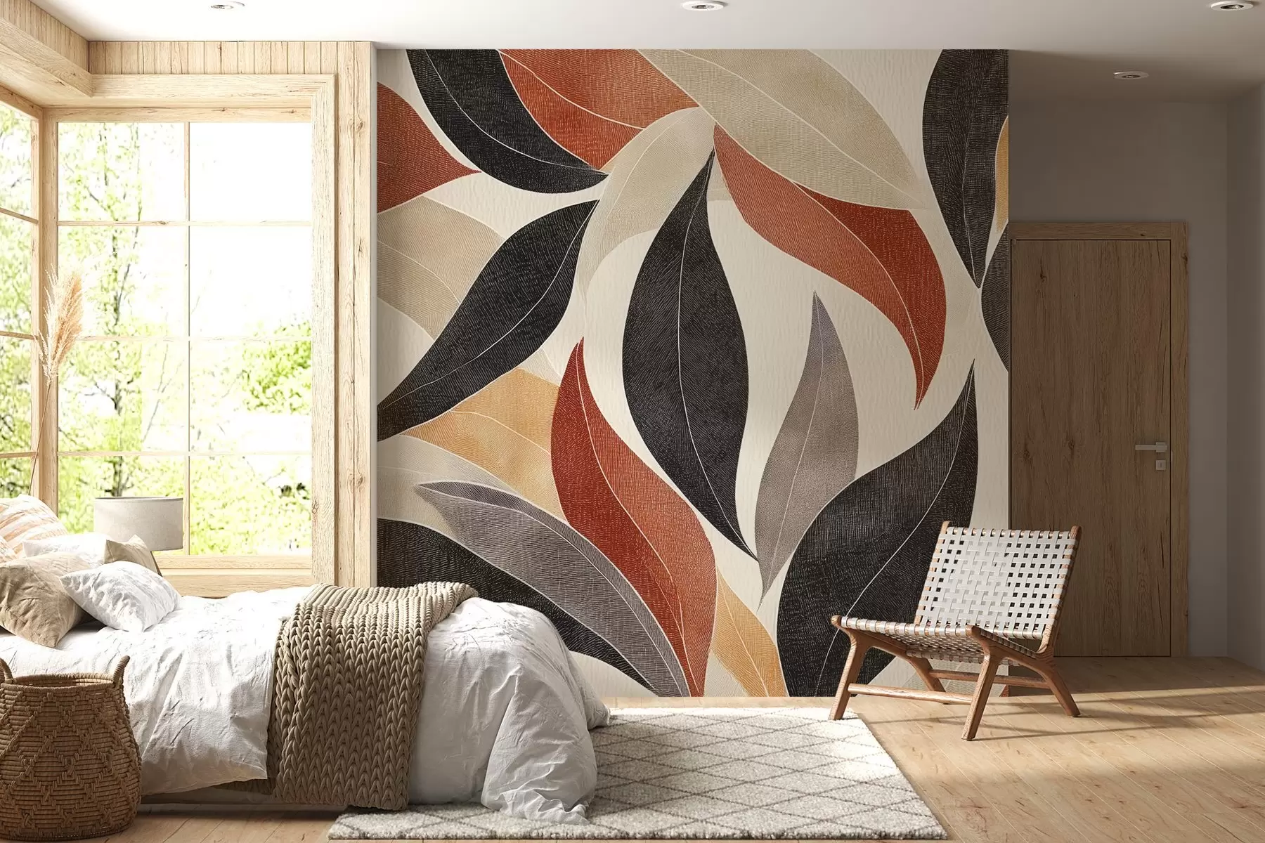 Fototapet abstrakta blad i en palett av jordnära toner - beige, terrakotta och mörkgrått w02452