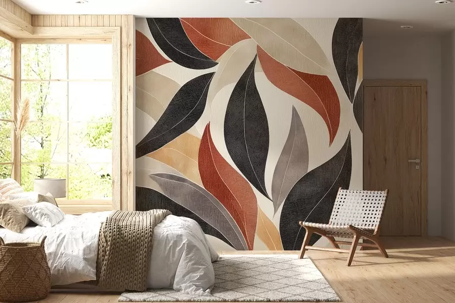 Fototapet abstrakta blad i en palett av jordnära toner - beige, terrakotta och mörkgrått w02452