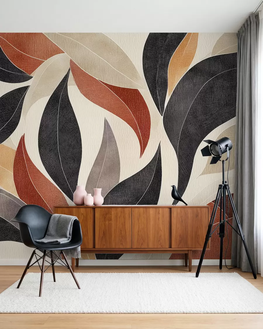 Fototapet abstrakta blad i en palett av jordnära toner - beige, terrakotta och mörkgrått w02452