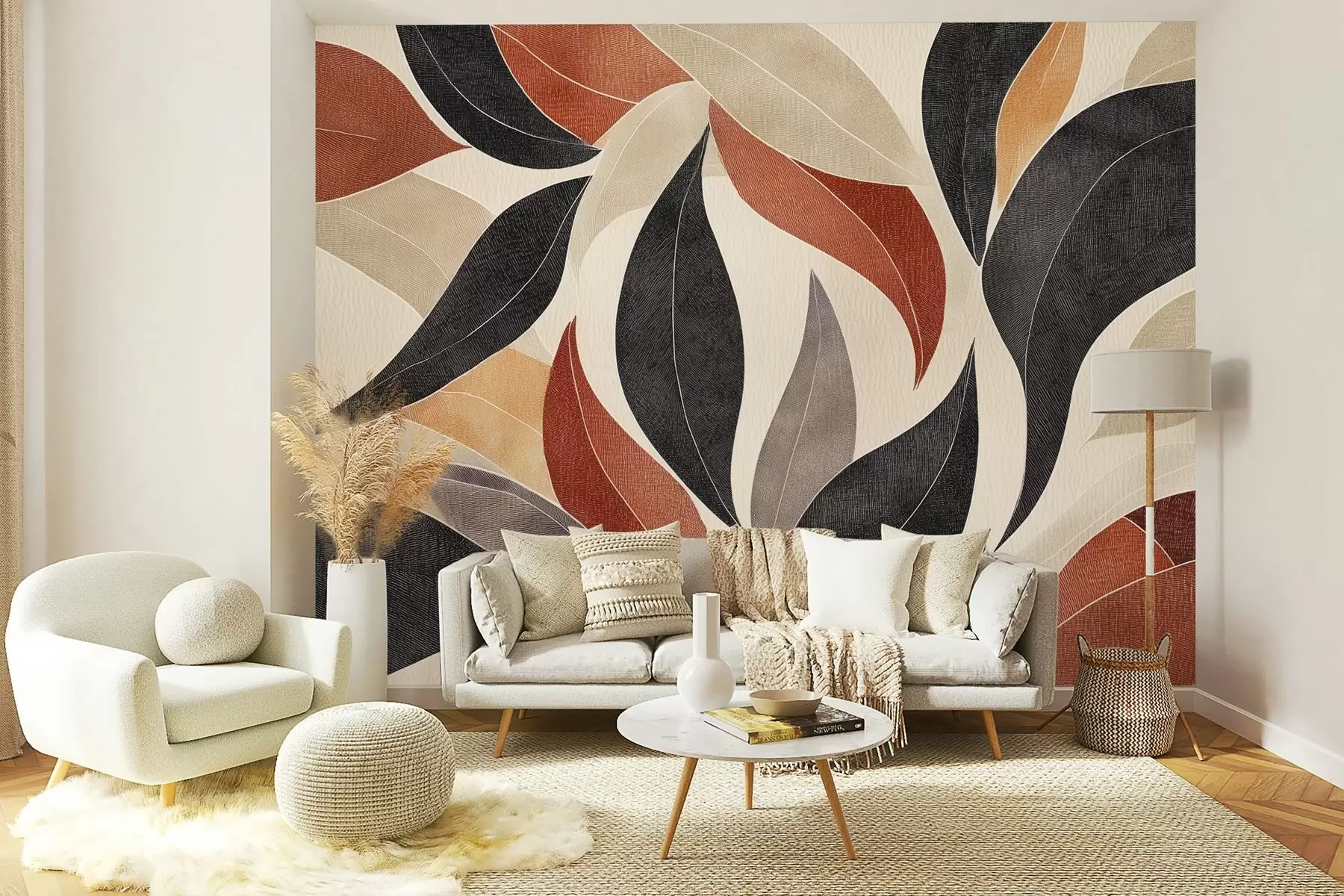 Fototapet abstrakta blad i en palett av jordnära toner - beige, terrakotta och mörkgrått. w02452