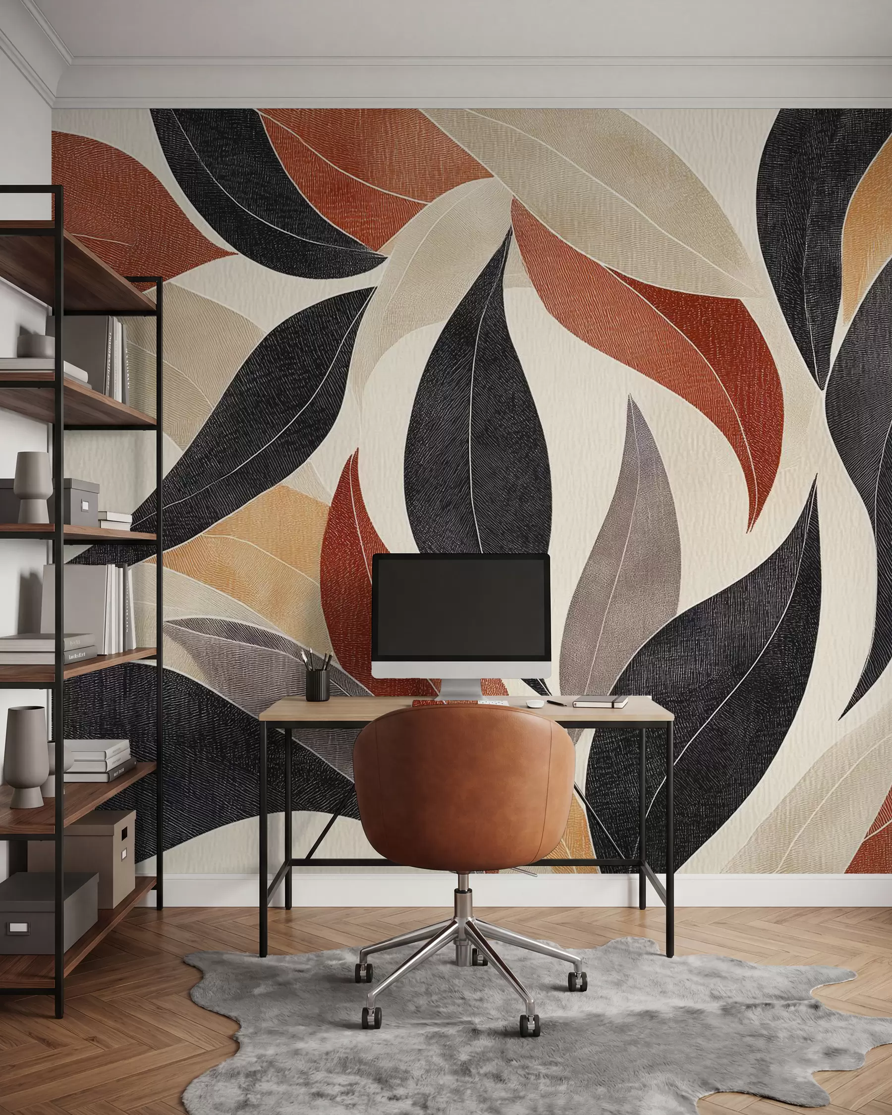 Fototapet abstrakta blad i en palett av jordnära toner - beige, terrakotta och mörkgrått w02452