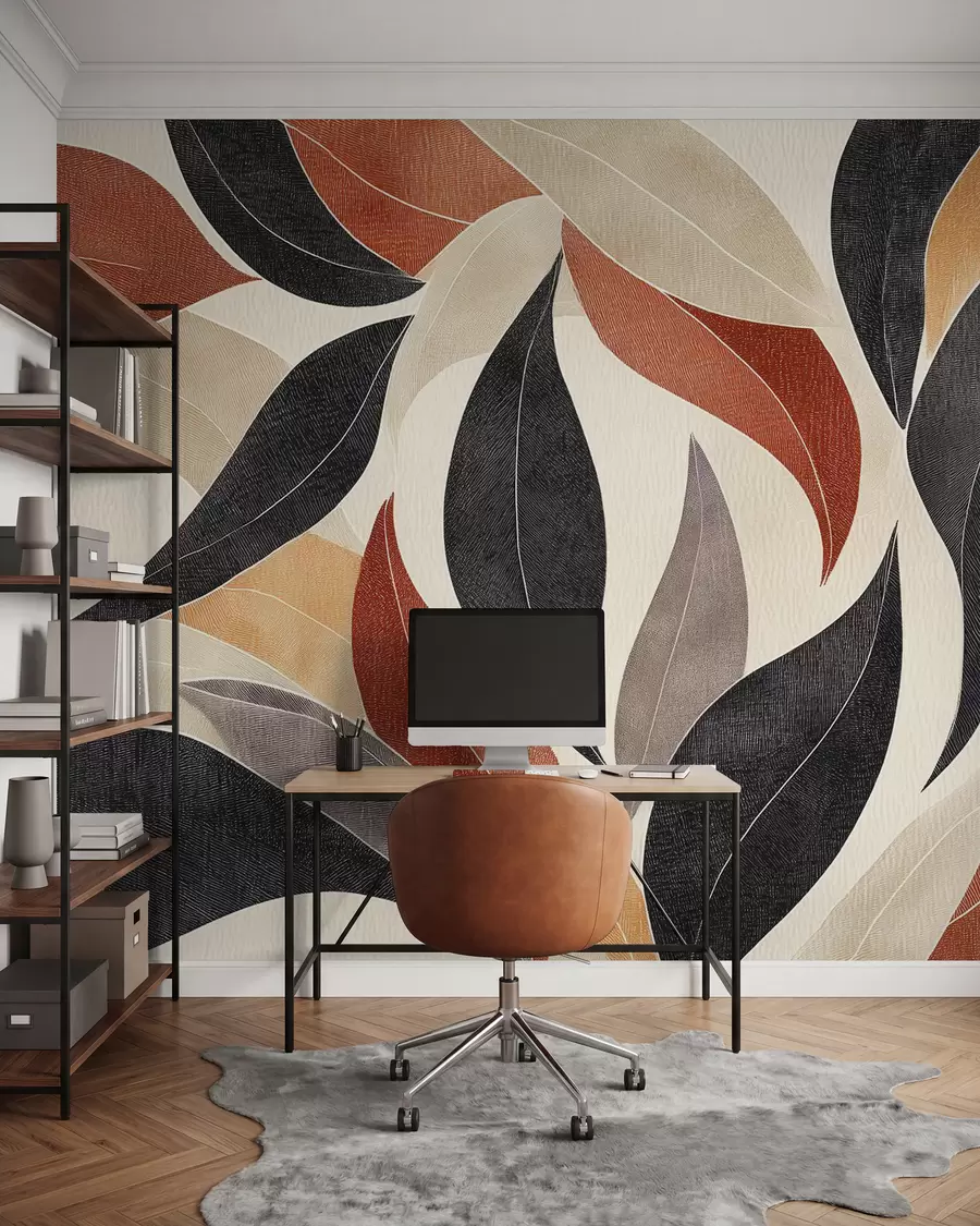 Fototapet abstrakta blad i en palett av jordnära toner - beige, terrakotta och mörkgrått w02452