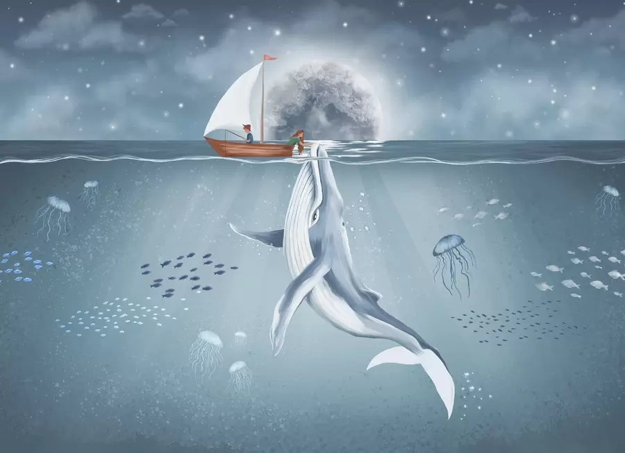 Fototapet Barnmotiv med val, måne och båt med barn w02476