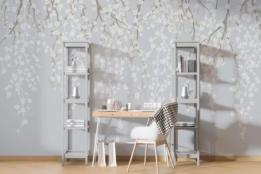 Fototapet Fallande skira grenar med blommor på en blå bakgrund w02479