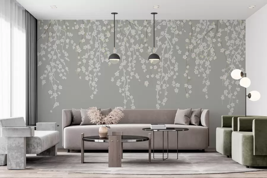 Fototapet Böljande, skira grenar med blommor på en grå bakgrund w02479v1