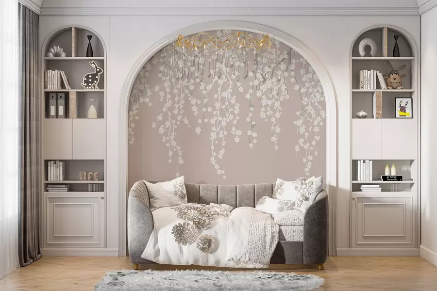 Fototapet Böljande, skira grenar med blommor på en pastellfärgad bakgrund w02479v2