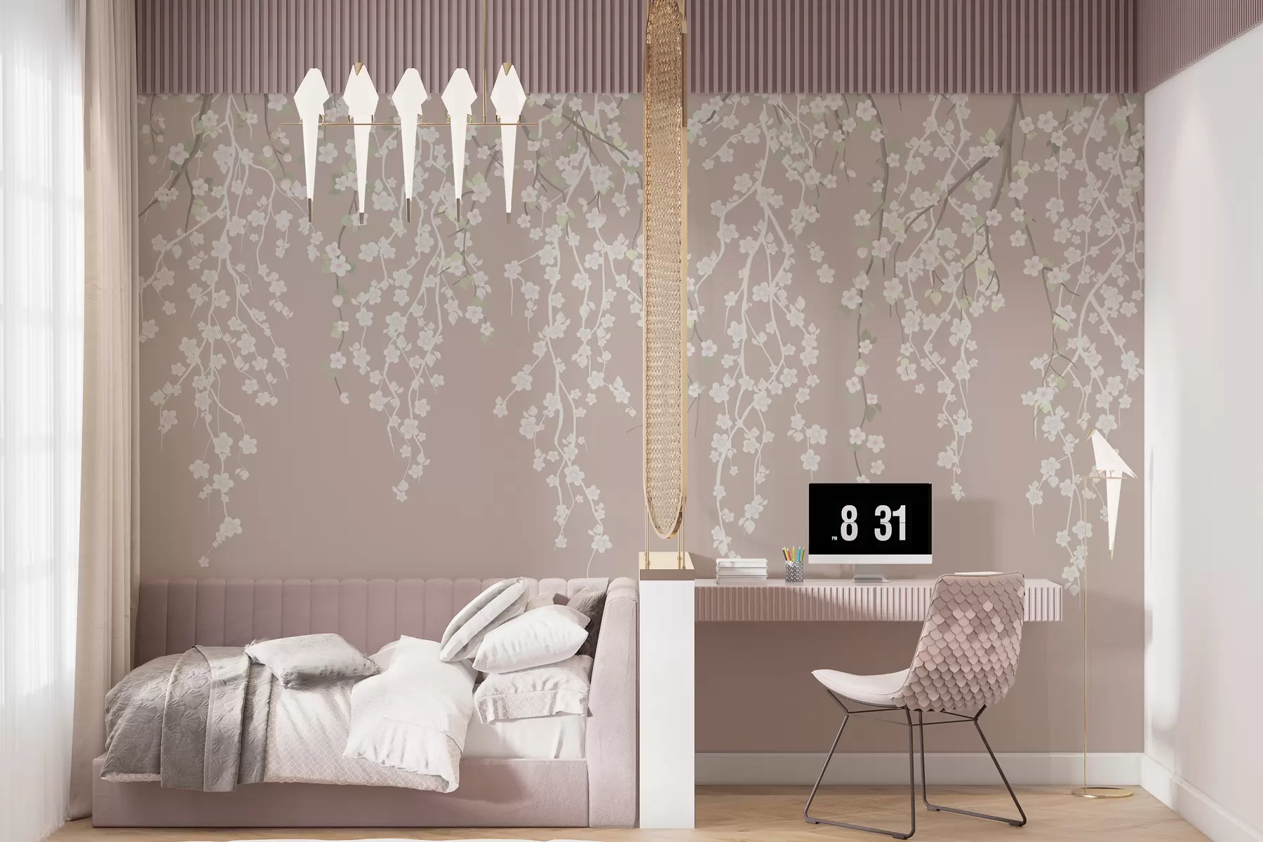Fototapet Böljande, skira grenar med blommor på en pastellfärgad bakgrund w02479v2