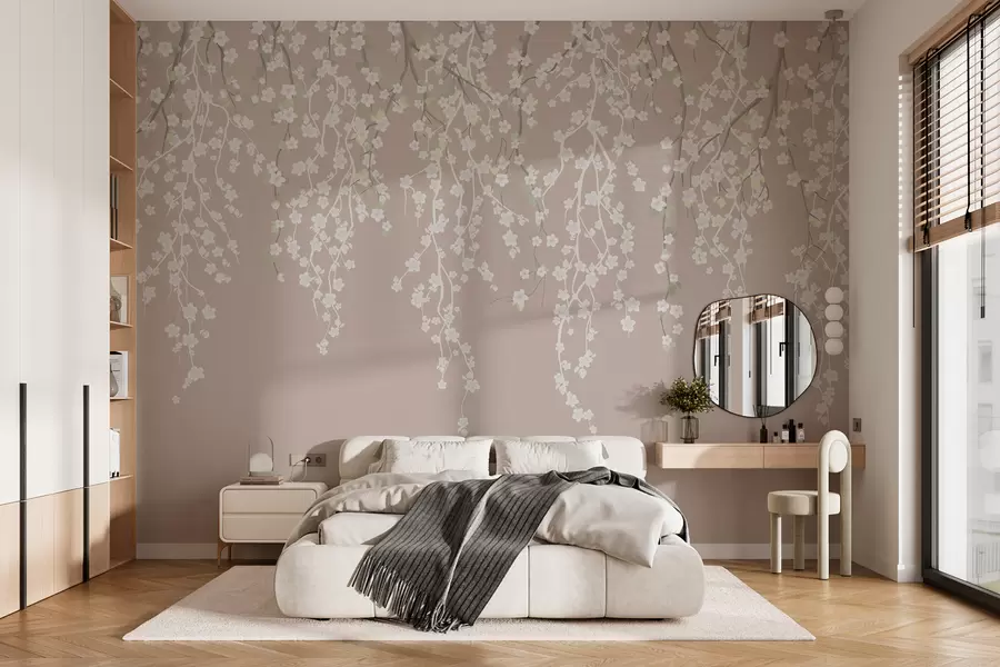Fototapet Böljande, skira grenar med blommor på en pastellfärgad bakgrund w02479v2