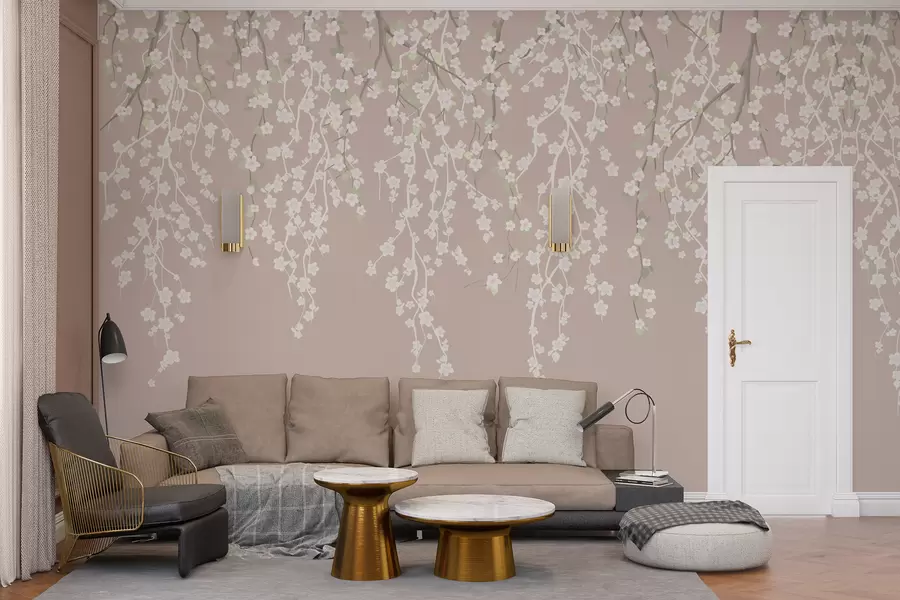 Fototapet Böljande, skira grenar med blommor på en pastellfärgad bakgrund w02479v2