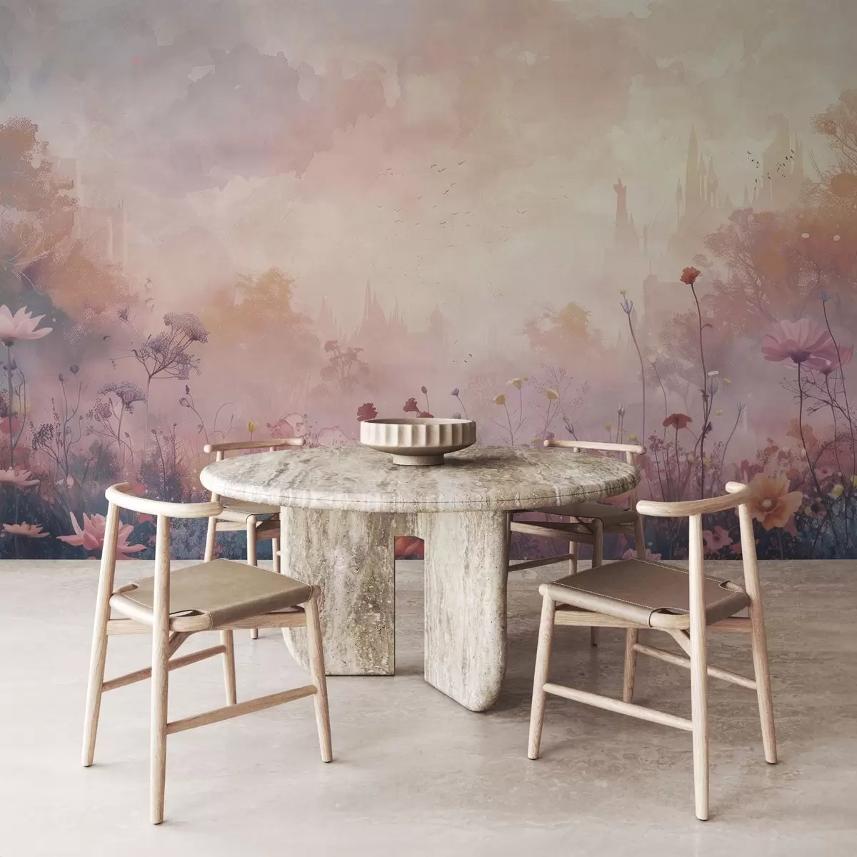 Fototapet Vilda blommor på bakgrund av silhuett av slott w08478