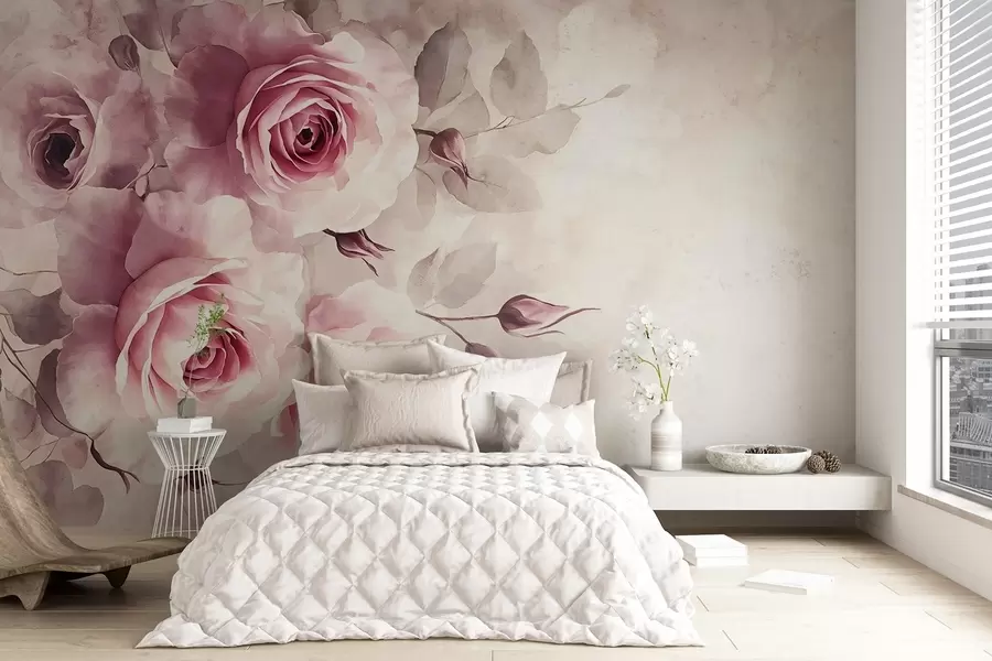 Fototapet Fina pastellrosa rosor och blad med mjuk, suddig bakgrund i akvarellimitation w08459