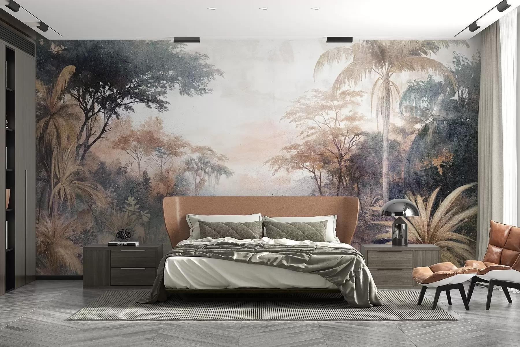 Fototapet Ett strukturerat tropiskt landskap med en lugn flod omgiven av frodiga palmer, buskar och andra bladverk w08460