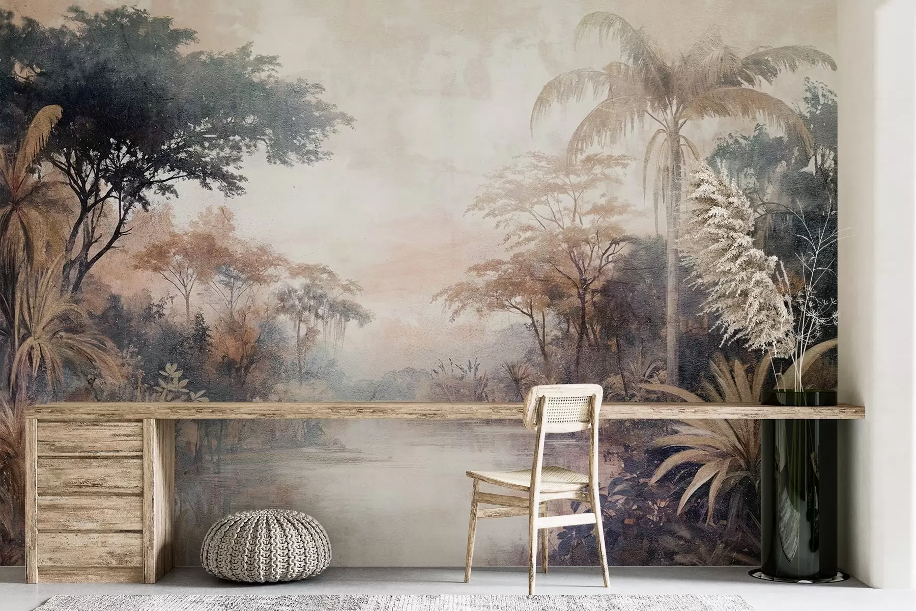 Fototapet Ett strukturerat tropiskt landskap med en lugn flod omgiven av frodiga palmer, buskar och andra bladverk w08460