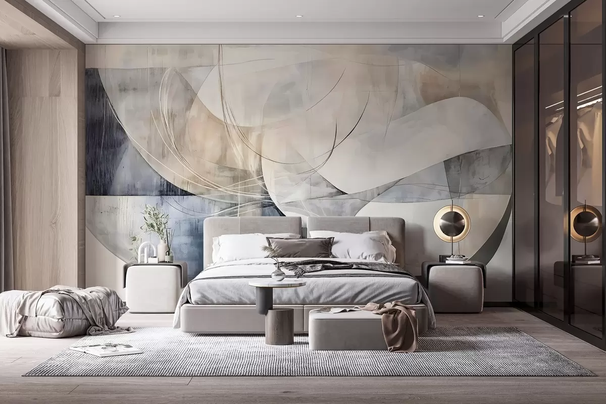 Fototapet Abstrakta former och figurer i nyanser av vitt, grått, beige och blått mot en suddig texturerad bakgrund w08461