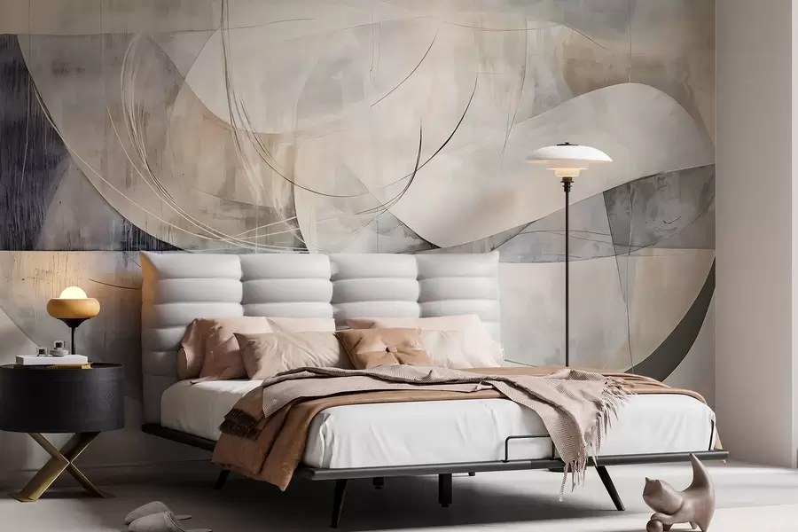 Fototapet Abstrakta former och figurer i nyanser av vitt, grått, beige och blått mot en suddig texturerad bakgrund w08461