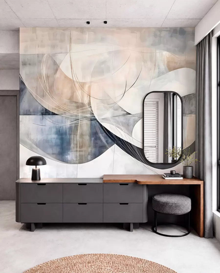 Fototapet Abstrakta former och figurer i nyanser av vitt, grått, beige och blått mot en suddig texturerad bakgrund w08461