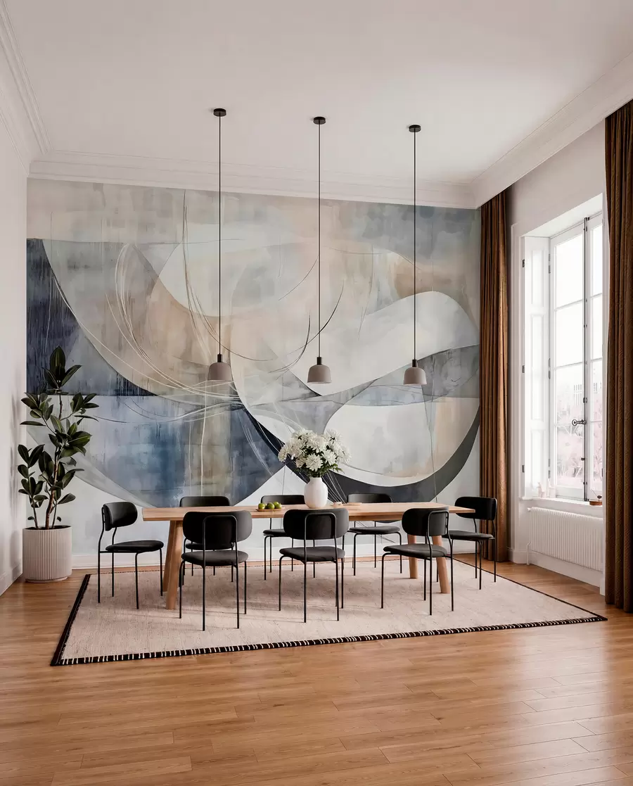 Fototapet Abstrakta former och figurer i nyanser av vitt, grått, beige och blått mot en suddig texturerad bakgrund w08461