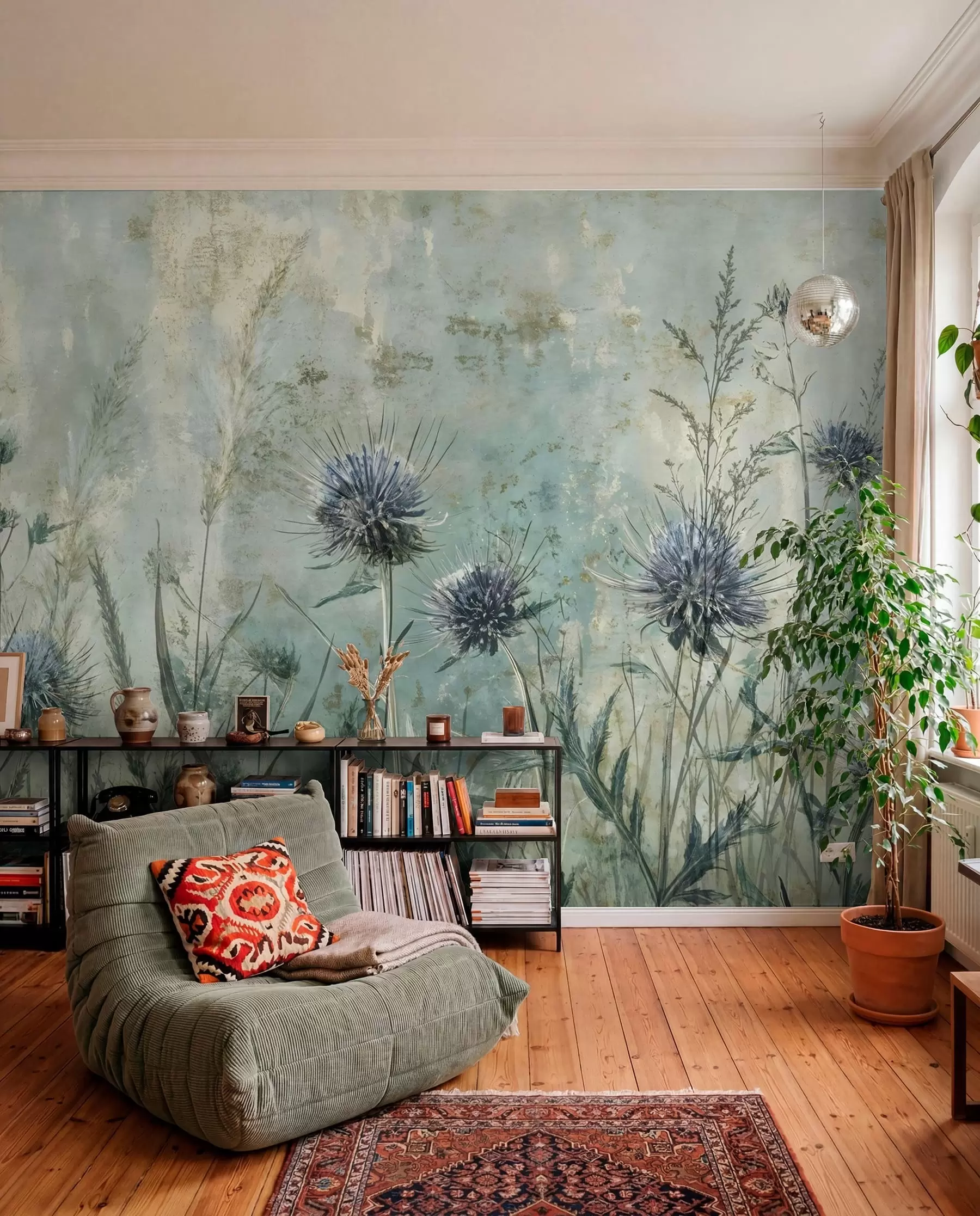 Fototapet Ett fält med lila tistelblommor med suddiga blommor och bladverk i en texturerad vintagebakgrund w08463
