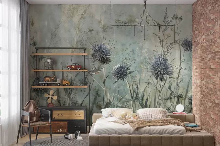 Fototapet Ett fält med lila tistelblommor med suddiga blommor och bladverk i en texturerad vintagebakgrund w08463