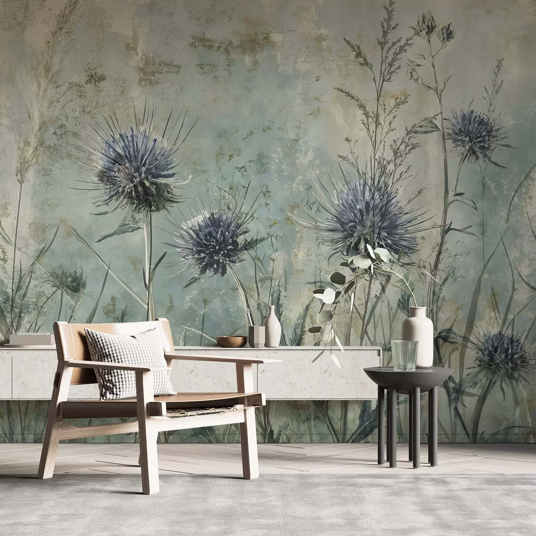 Fototapet Ett fält med lila tistelblommor med suddiga blommor och bladverk i en texturerad vintagebakgrund w08463