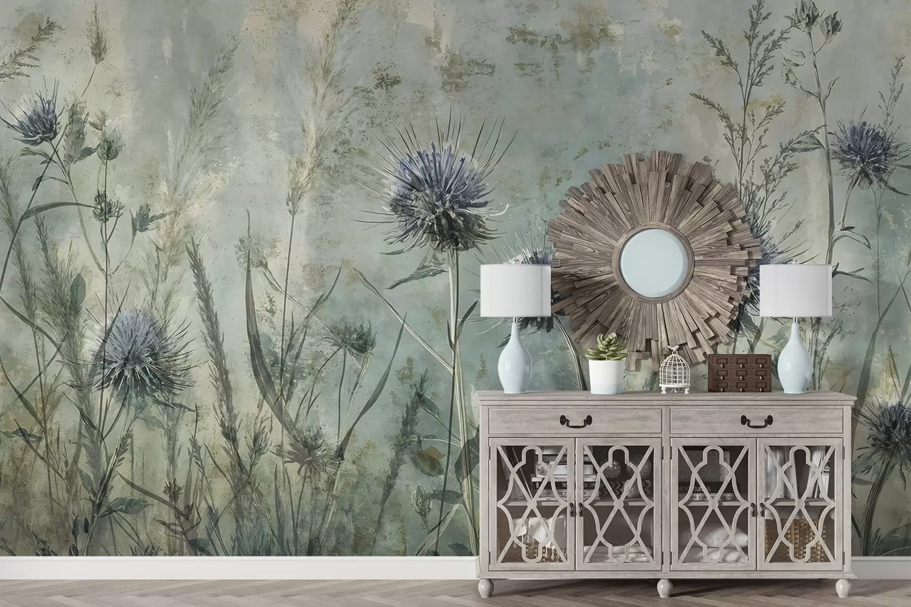 Fototapet Ett fält med lila tistelblommor med suddiga blommor och bladverk i en texturerad vintagebakgrund w08463