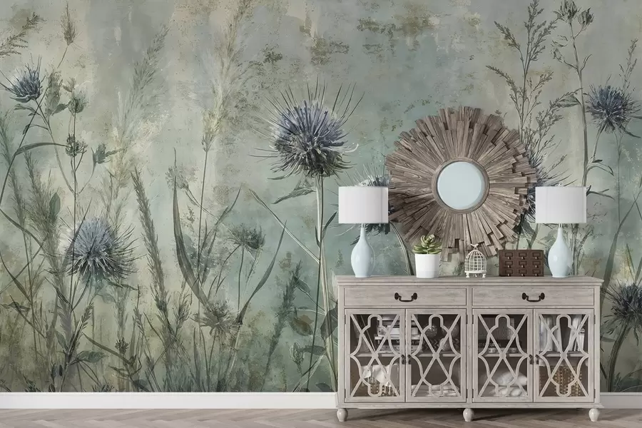 Fototapet Ett fält med lila tistelblommor med suddiga blommor och bladverk i en texturerad vintagebakgrund w08463