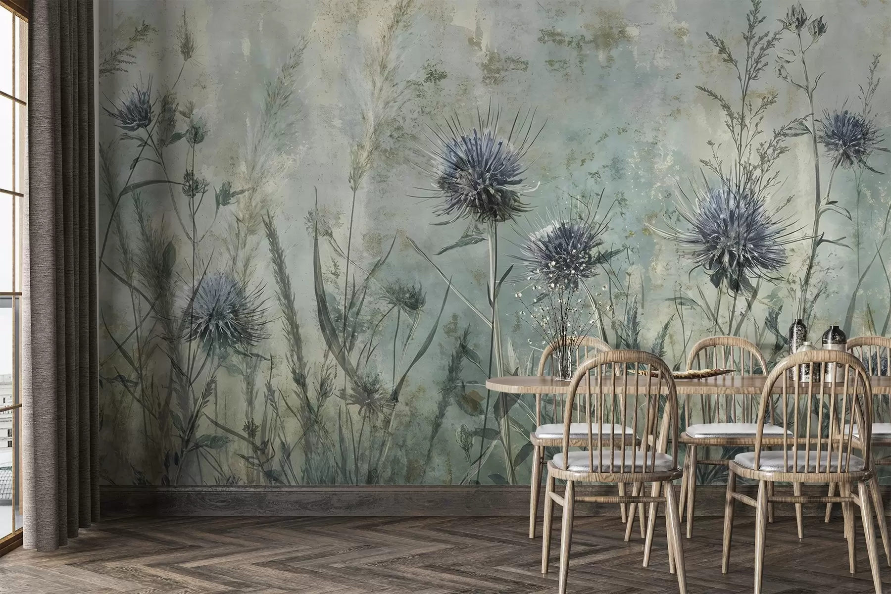 Fototapet Ett fält med lila tistelblommor med suddiga blommor och bladverk i en texturerad vintagebakgrund w08463