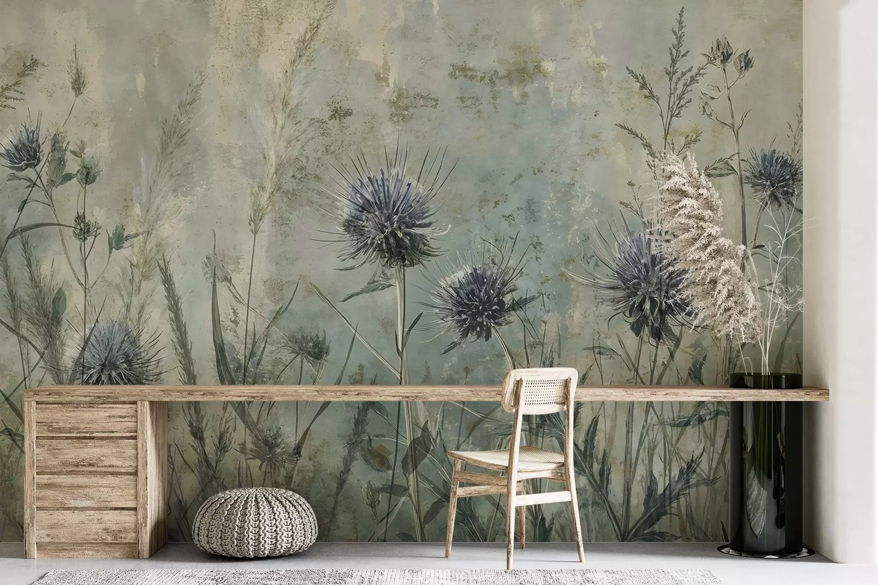 Fototapet Ett fält med lila tistelblommor med suddiga blommor och bladverk i en texturerad vintagebakgrund w08463