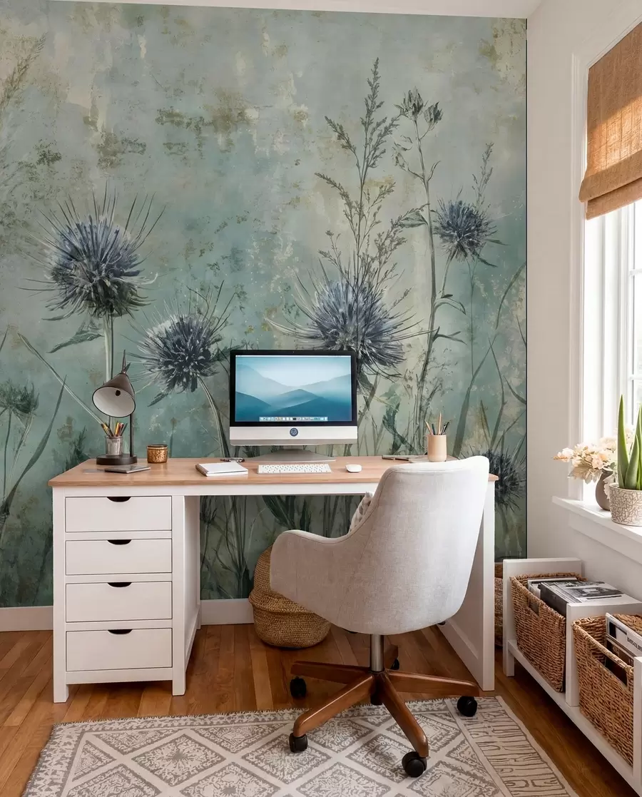 Fototapet Ett fält med lila tistelblommor med suddiga blommor och bladverk i en texturerad vintagebakgrund w08463