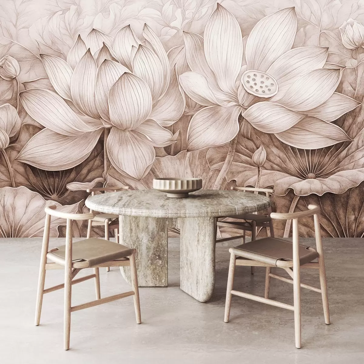 Fototapet Flera detaljerade texturerade stora beige lotusblommor med bruna blad och stjälkar mot en ljus bakgrund w08465v1