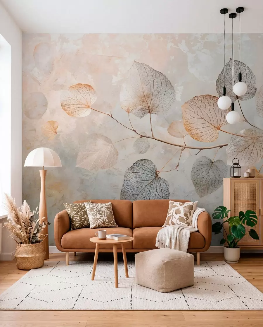 Fototapet Fina blad med intrikata ådror och mjuka, dämpade färger mot en ljus texturerad bakgrund w08469