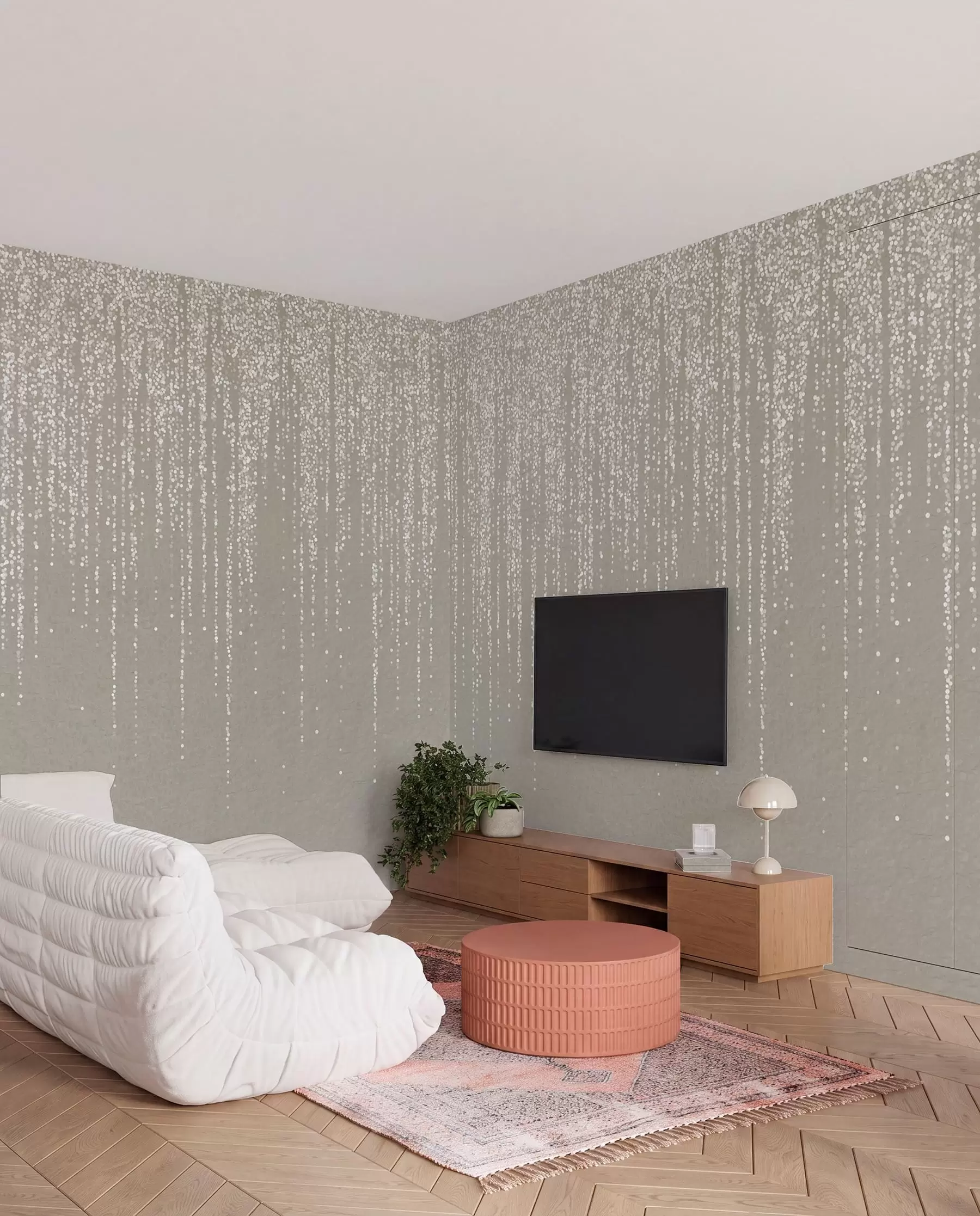 Fototapet Ett vertikalt elegant tryck av prickiga kransar på en beige texturerad bakgrund, vilket skapar en känsla av djup och rörelse w08470