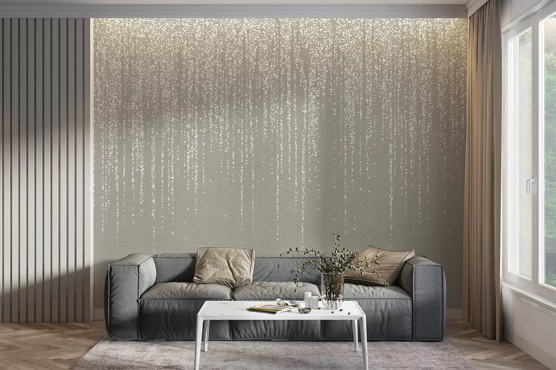 Fototapet Ett vertikalt elegant tryck av prickiga kransar på en beige texturerad bakgrund, vilket skapar en känsla av djup och rörelse w08470