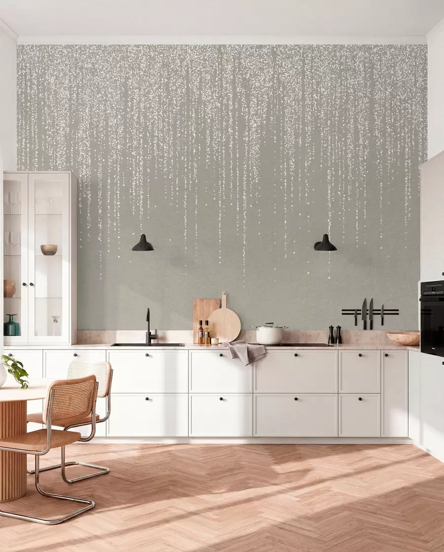 Fototapet Ett vertikalt elegant tryck av prickiga kransar på en beige texturerad bakgrund, vilket skapar en känsla av djup och rörelse w08470