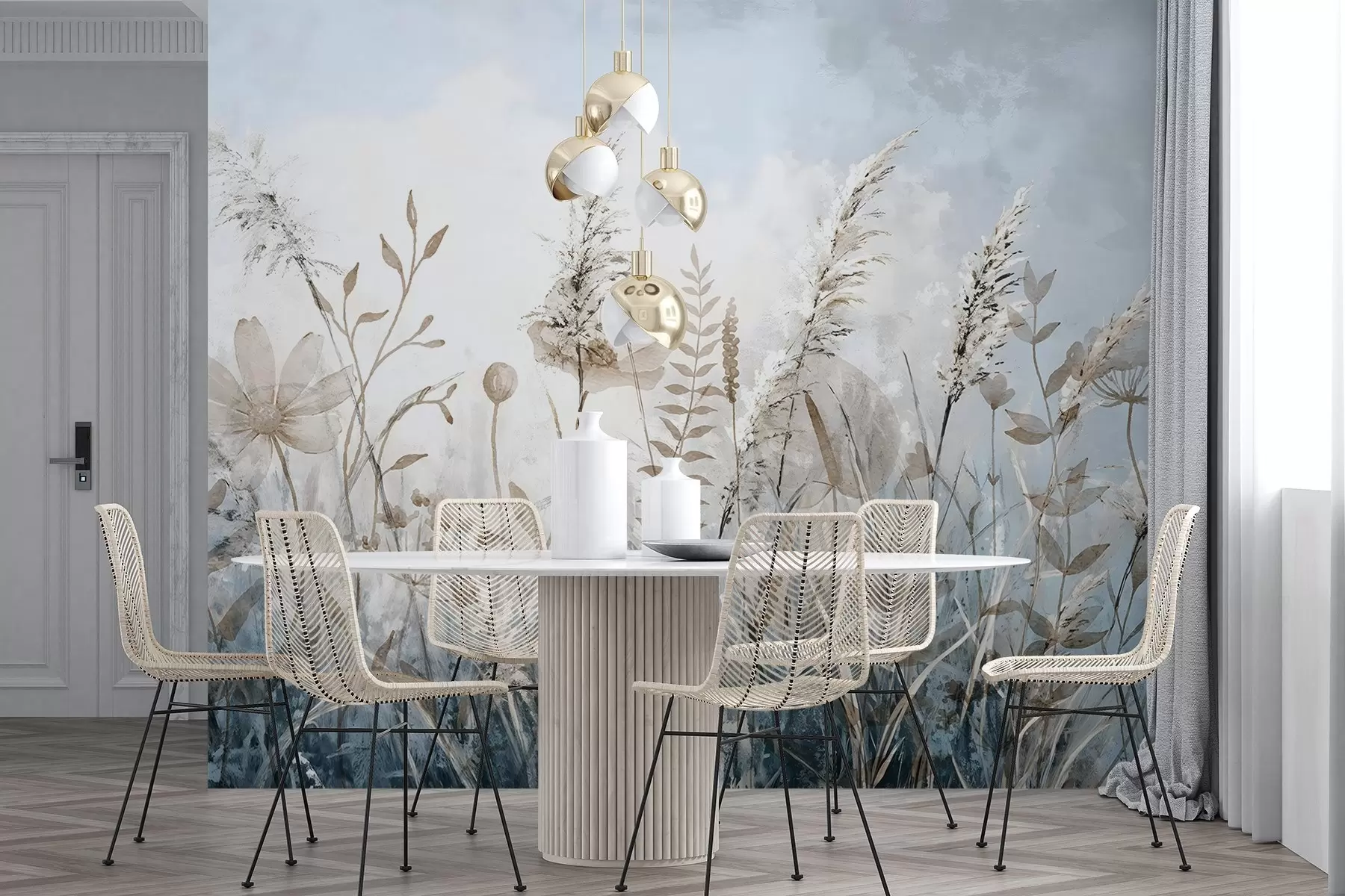 Fototapet Ett fält med högt gräs, naturliga bladverk och växter med mjuka, skira texturer mot en disig, mulen himmel w08472