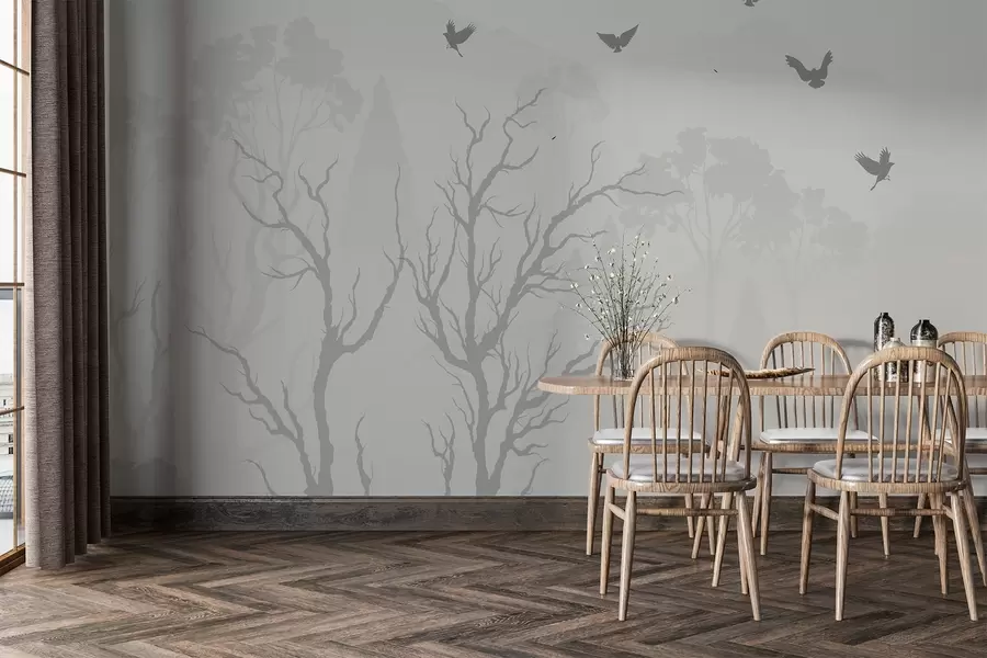 Fototapet Silhuetter av träd med fåglar i dimman w02461