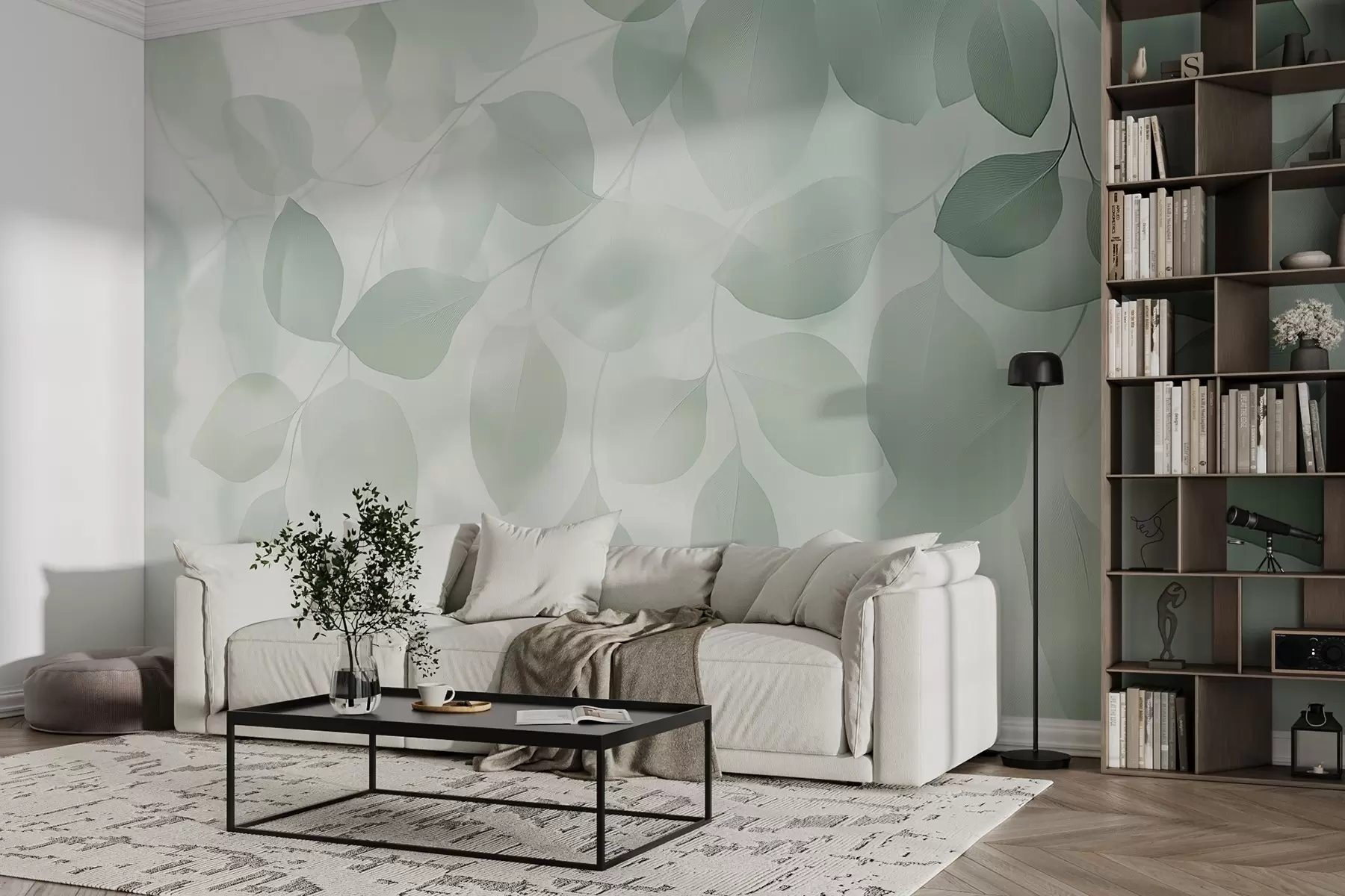 Fototapet Blommig abstraktion av löv i gröna toner w08492v1