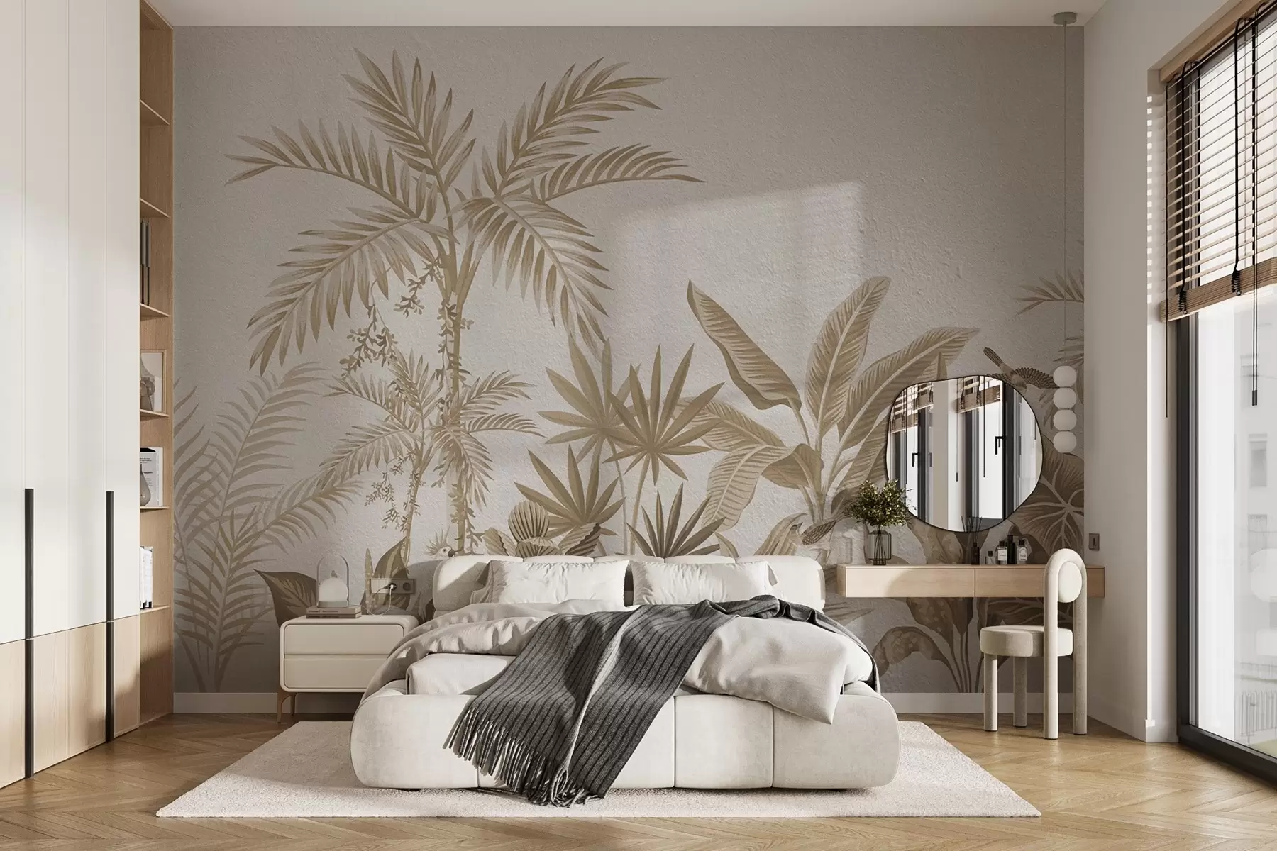 Fototapet Tropisk djungel med palmer och fåglar i sepiatoner w08496v1