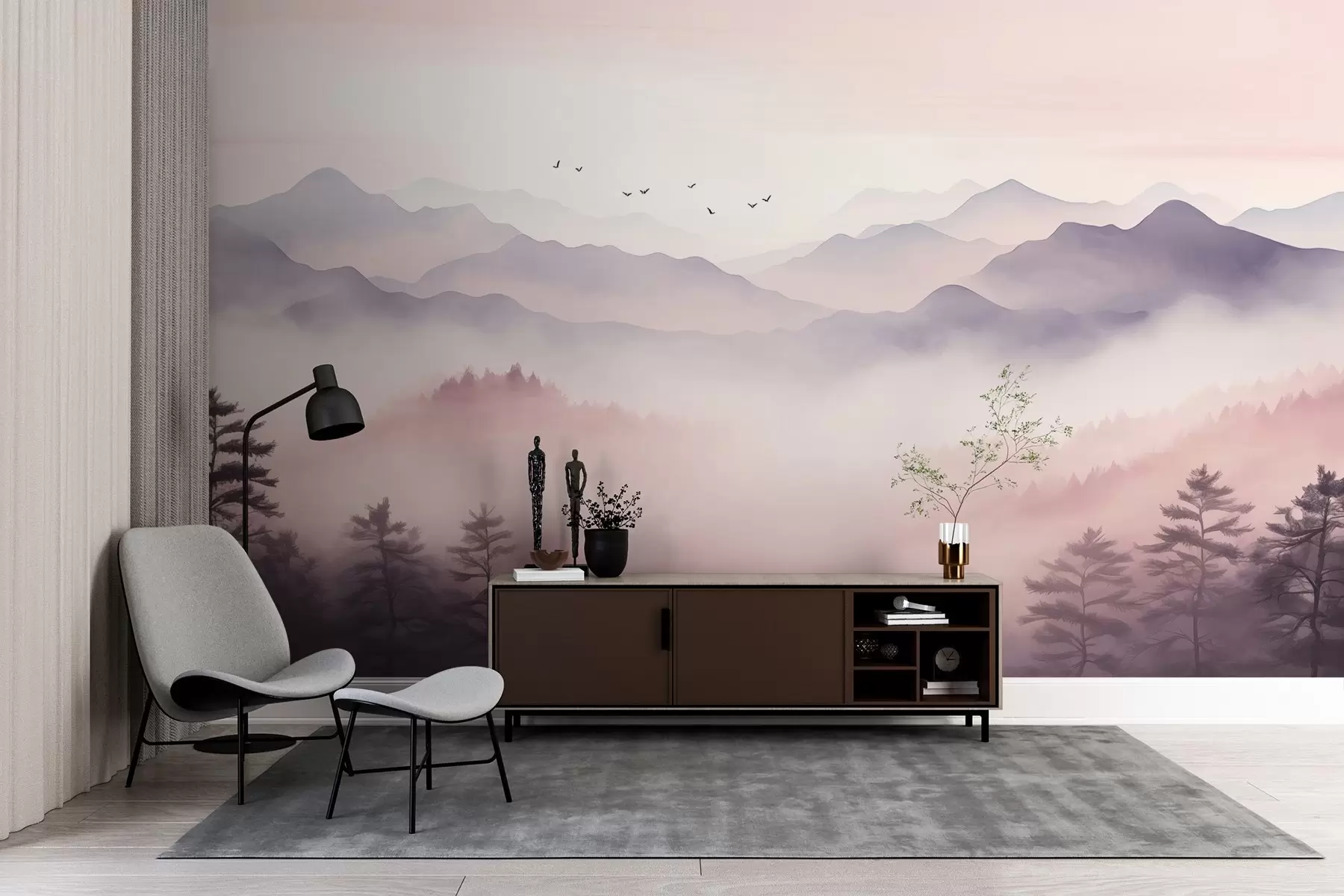 Fototapet Berg i dimma i gryningen imitation av akvarell w02471