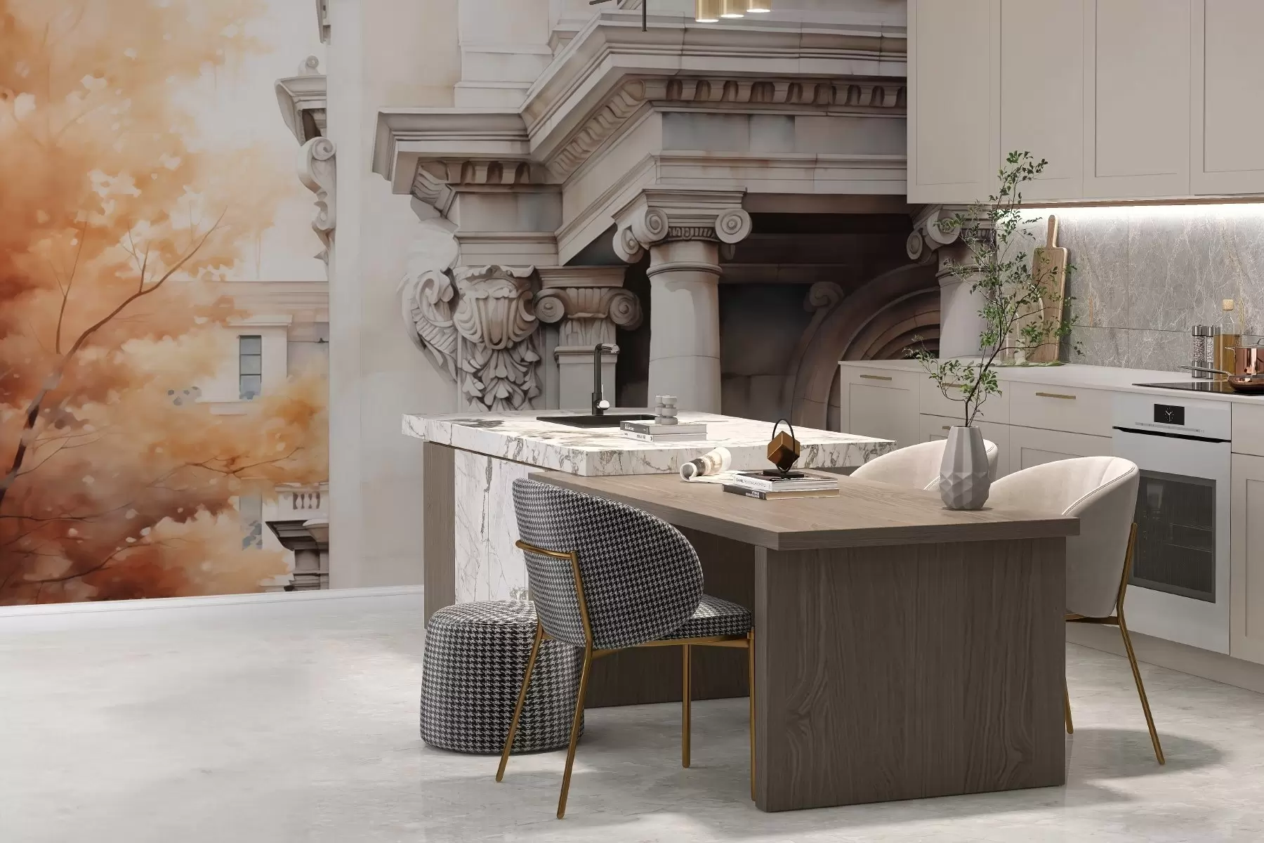 Fototapet Del av ett hus med pelare bredvid ett träd imitation av akvarell w02495