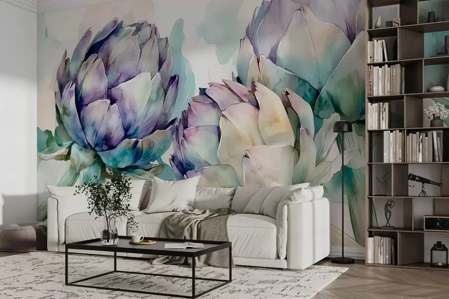 Fototapet Kronärtskockor i akvarellstil, blommor, rosa och grönt w02481v1